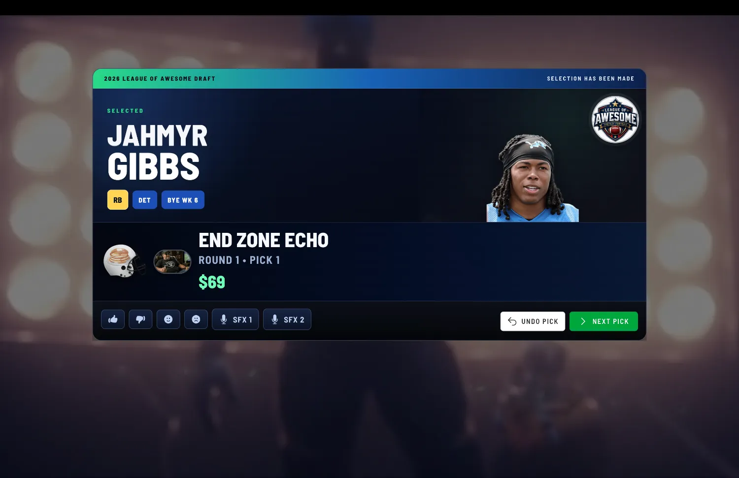 FanDraft graphic pick announcement for a drafted fantasy football player