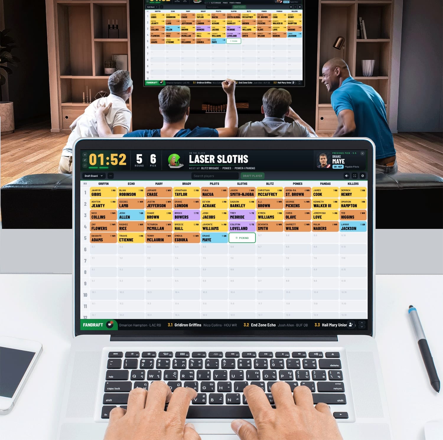 The FanDraft online fantasy football draft board on screen