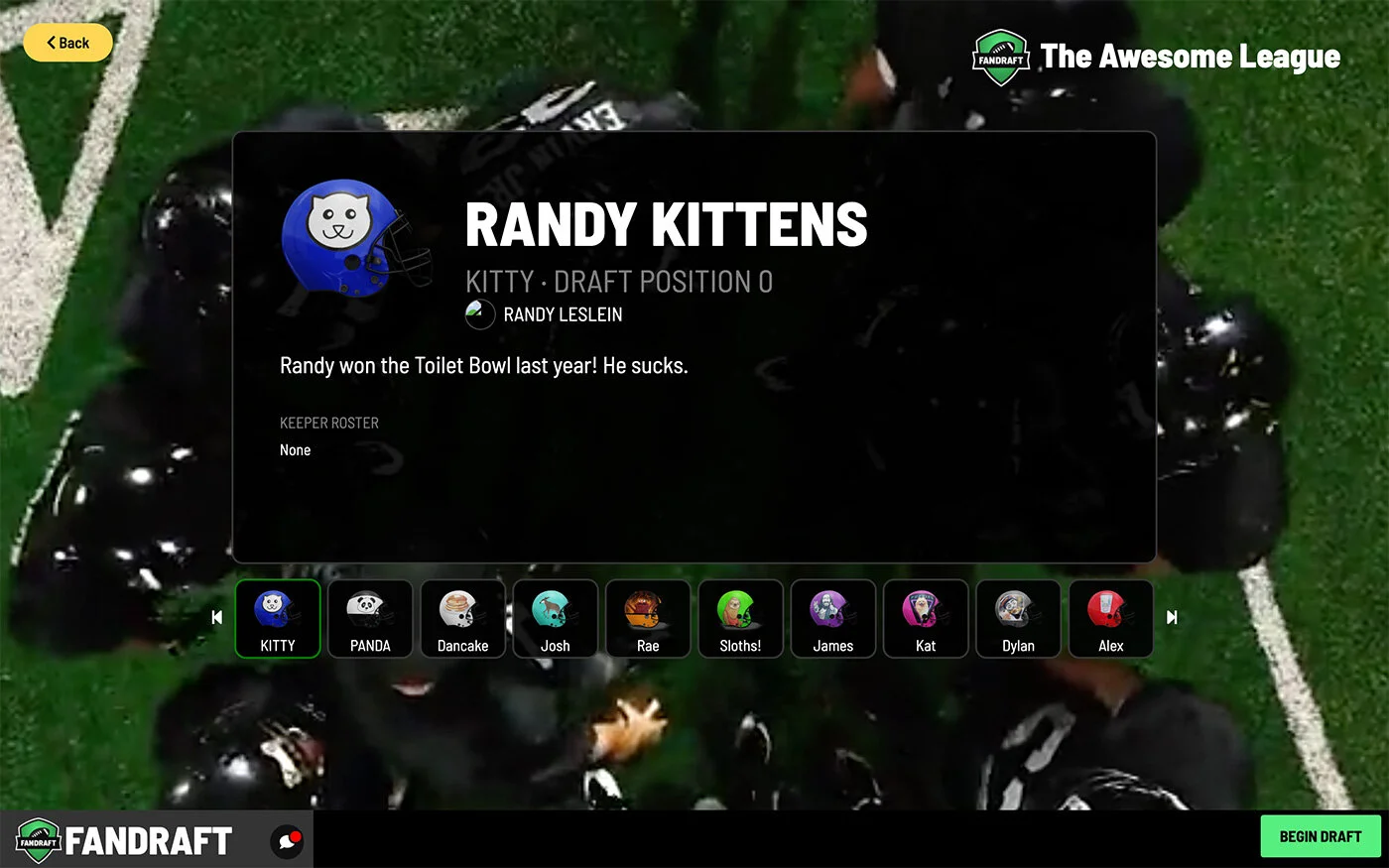 FanDraft fantasy football PreDraft presentation screen introducing a team before the draft