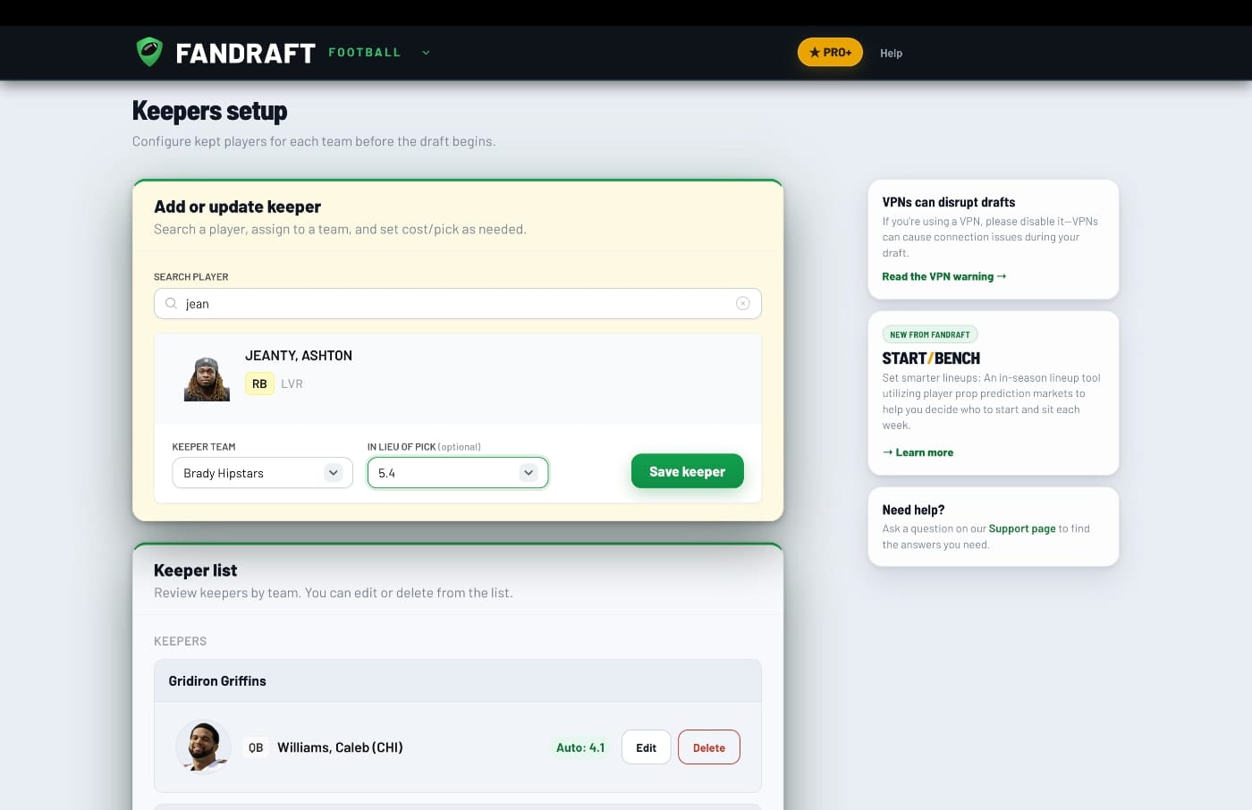 FanDraft — Keeper Setup