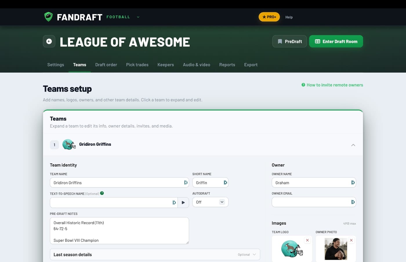 FanDraft — Team Setup